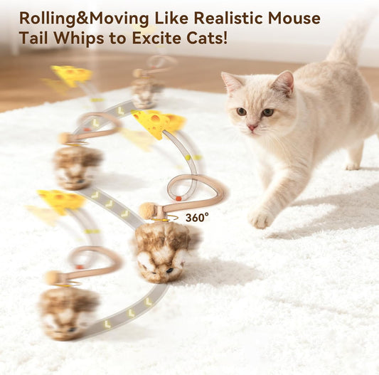 Interactive Cat Toy 360° Rolling & Spin with Mesh Plastic Tail for Indoor Cats Smart Motion Sensor, Realistic Squeak, Rechargeable