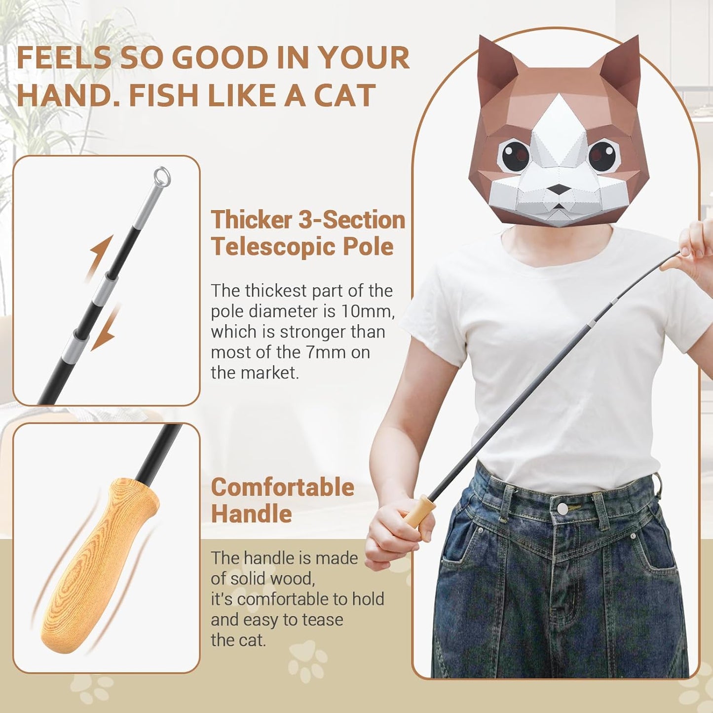 Cat Teaser Wand Toys, Interactive Bird Toys for Indoor Kittens, 42.15’’ Long Cat Fishing Pole Toys, 2Pcs Wires and 5Pcs Natural Refills, Sustainable