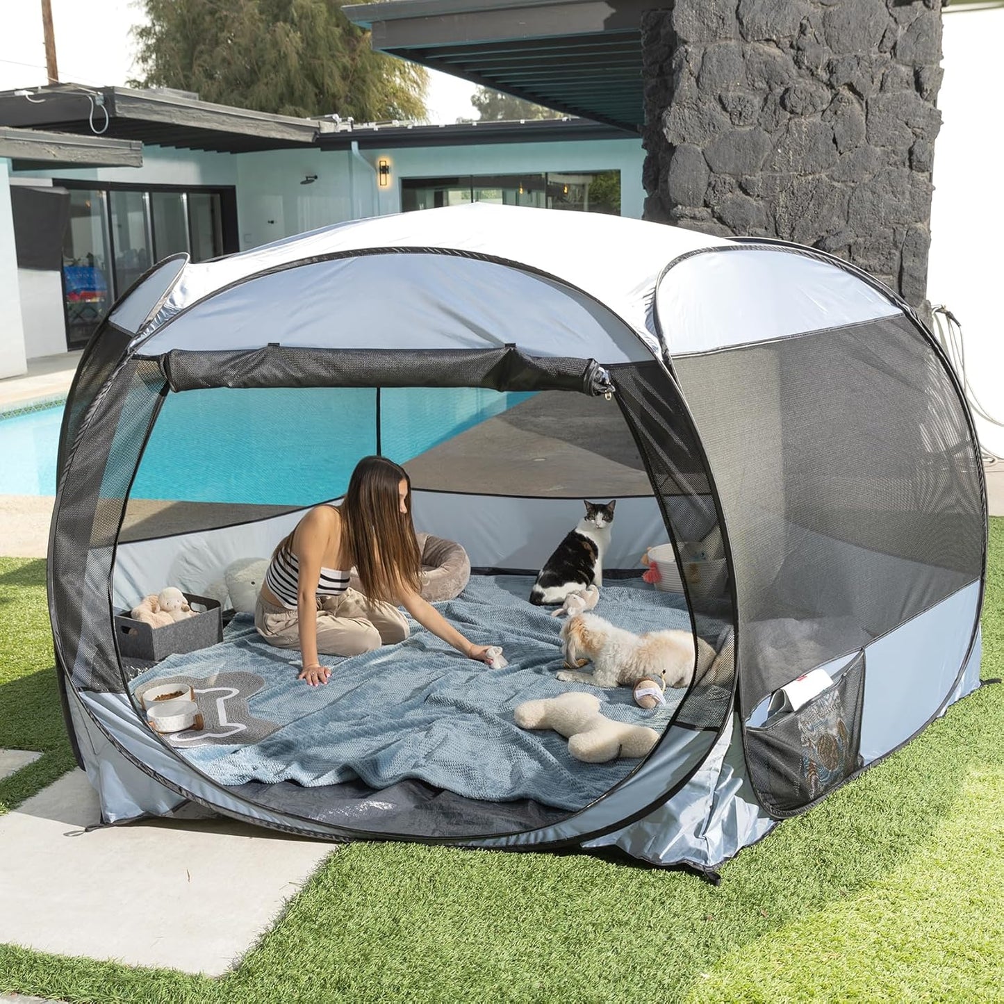 Popup Portable Dog Houses, 10'x4.8'H Assembly-Free Gazebo-Style Kennel Dog Playpen Pet Screen Tent Sun Shade Shelter, Dog Crates Canopy