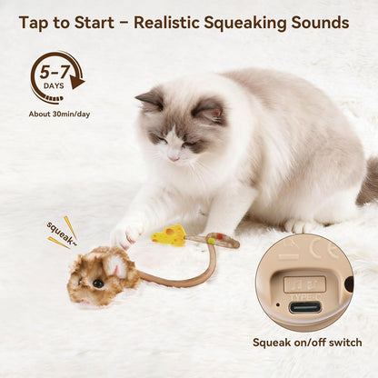 Interactive Cat Toy 360° Rolling & Spin with Mesh Plastic Tail for Indoor Cats Smart Motion Sensor, Realistic Squeak, Rechargeable