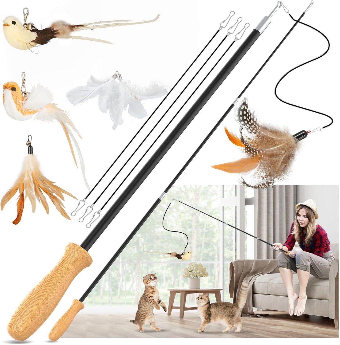 Cat Teaser Wand Toys, Interactive Bird Toys for Indoor Kittens, 42.15’’ Long Cat Fishing Pole Toys, 2Pcs Wires and 5Pcs Natural Refills, Sustainable