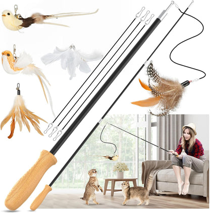 Cat Teaser Wand Toys, Interactive Bird Toys for Indoor Kittens, 42.15’’ Long Cat Fishing Pole Toys, 2Pcs Wires and 5Pcs Natural Refills, Sustainable