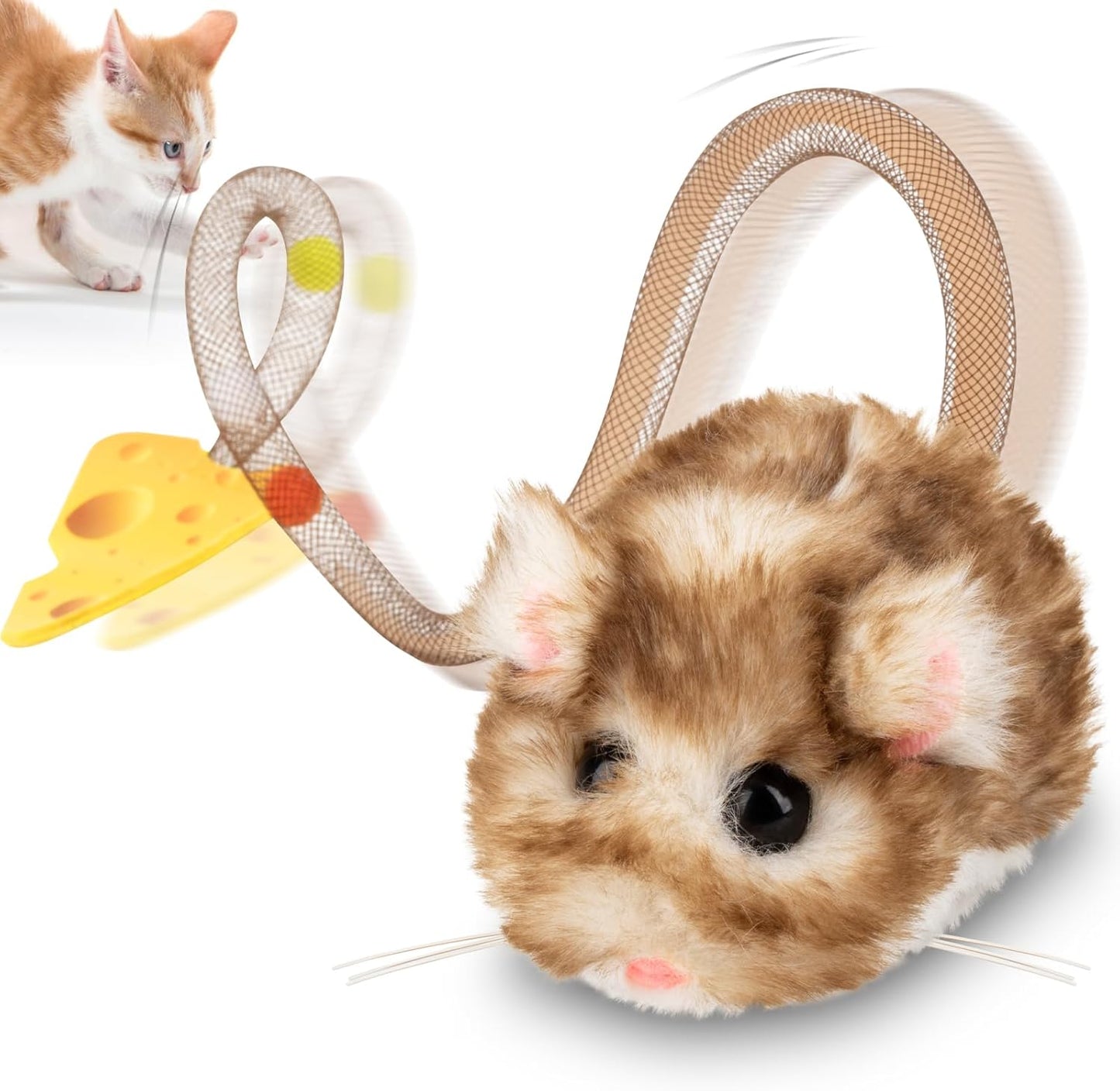 Interactive Cat Toy 360° Rolling & Spin with Mesh Plastic Tail for Indoor Cats Smart Motion Sensor, Realistic Squeak, Rechargeable