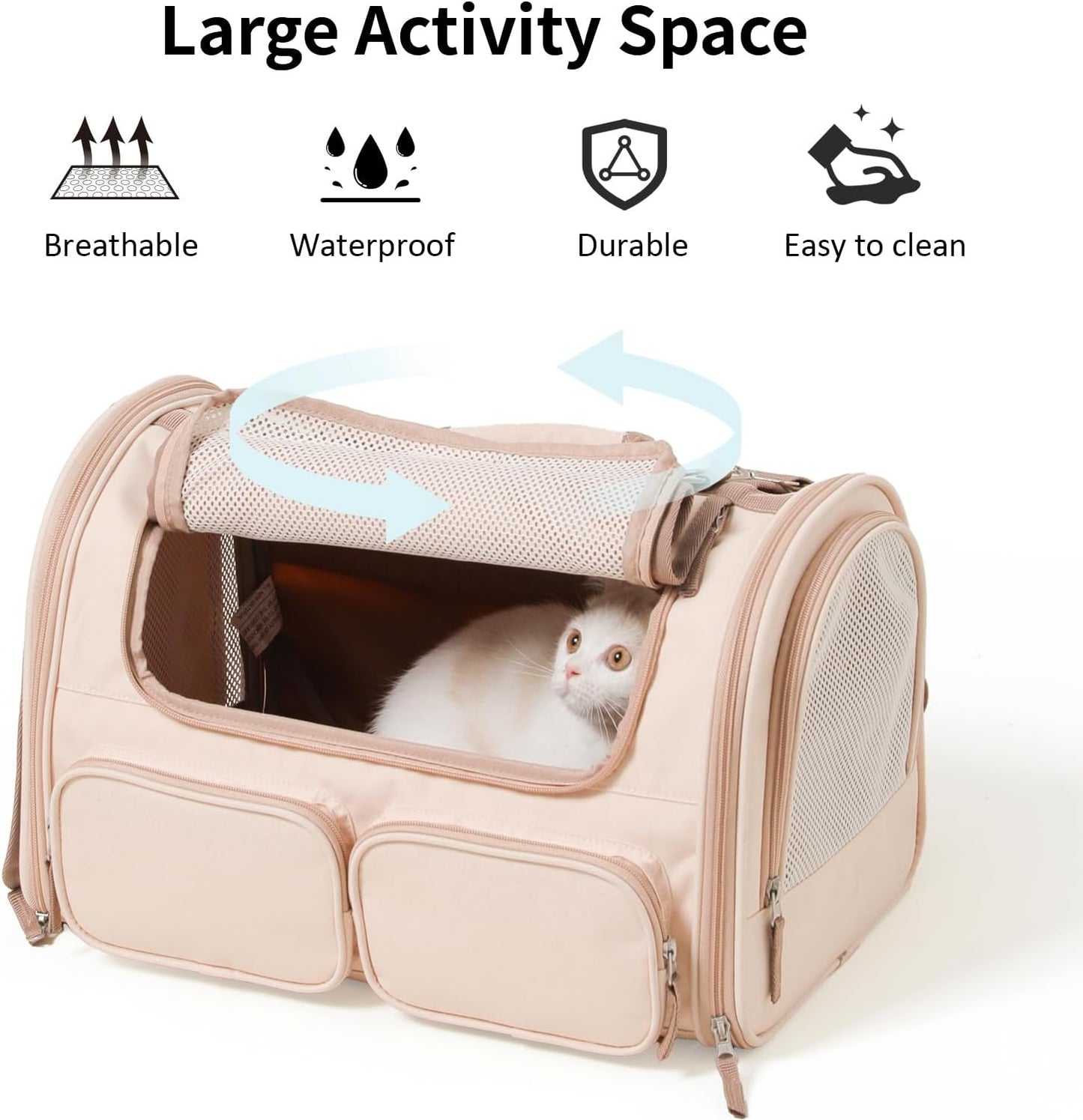 Cat Carrier, 4 Mesh Windows Small Dog Carrier, 4 Storage Pockets Cat Travel Bag, Under 15 lb Airline Approved Pet Carrier, Rollable Cover