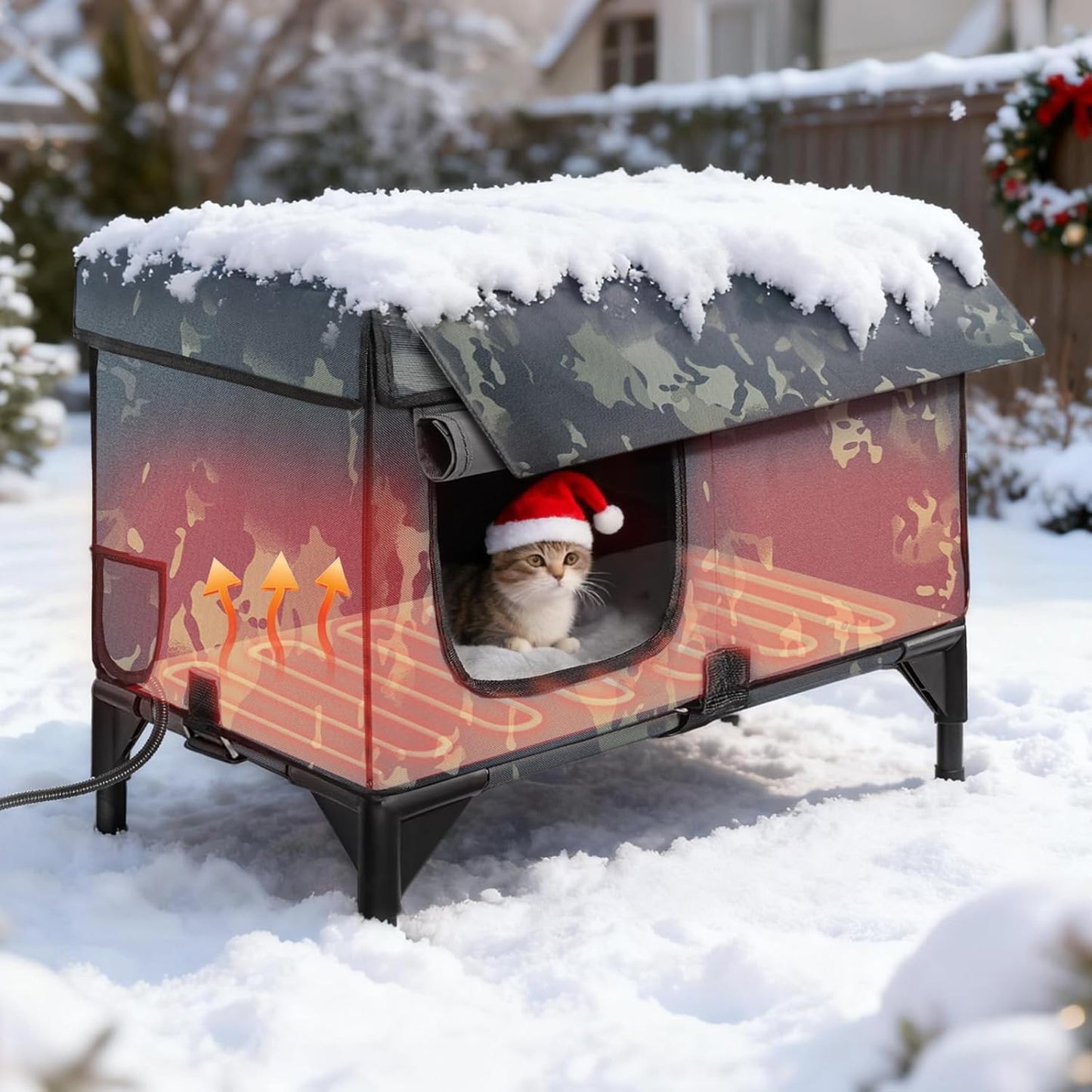 Heated Cat House for Outside, Outdoor Pet Shelter with Remote Control, Insulated Feral Cat with Heating Pad, Elevated Waterproof with Rain-Proof Eaves