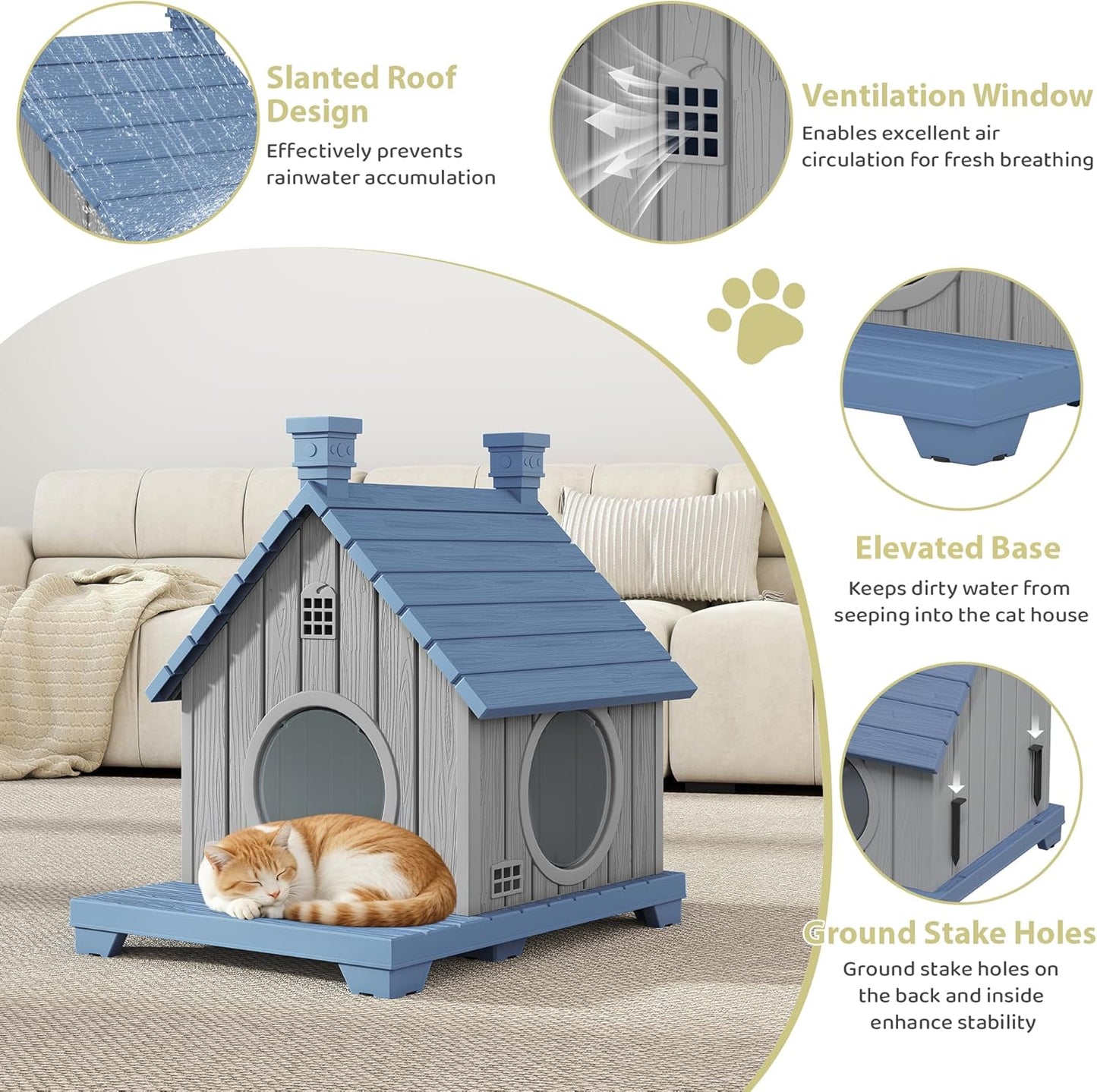 Outdoor Cat House Weatherproof, Durable Resin Cat Houses for Outdoor Indoor Cats, Litter Box Enclosure with Elevated Base, Anti-Slip Pad