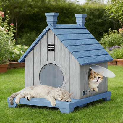 Outdoor Cat House Weatherproof, Durable Resin Cat Houses for Outdoor Indoor Cats, Litter Box Enclosure with Elevated Base, Anti-Slip Pad