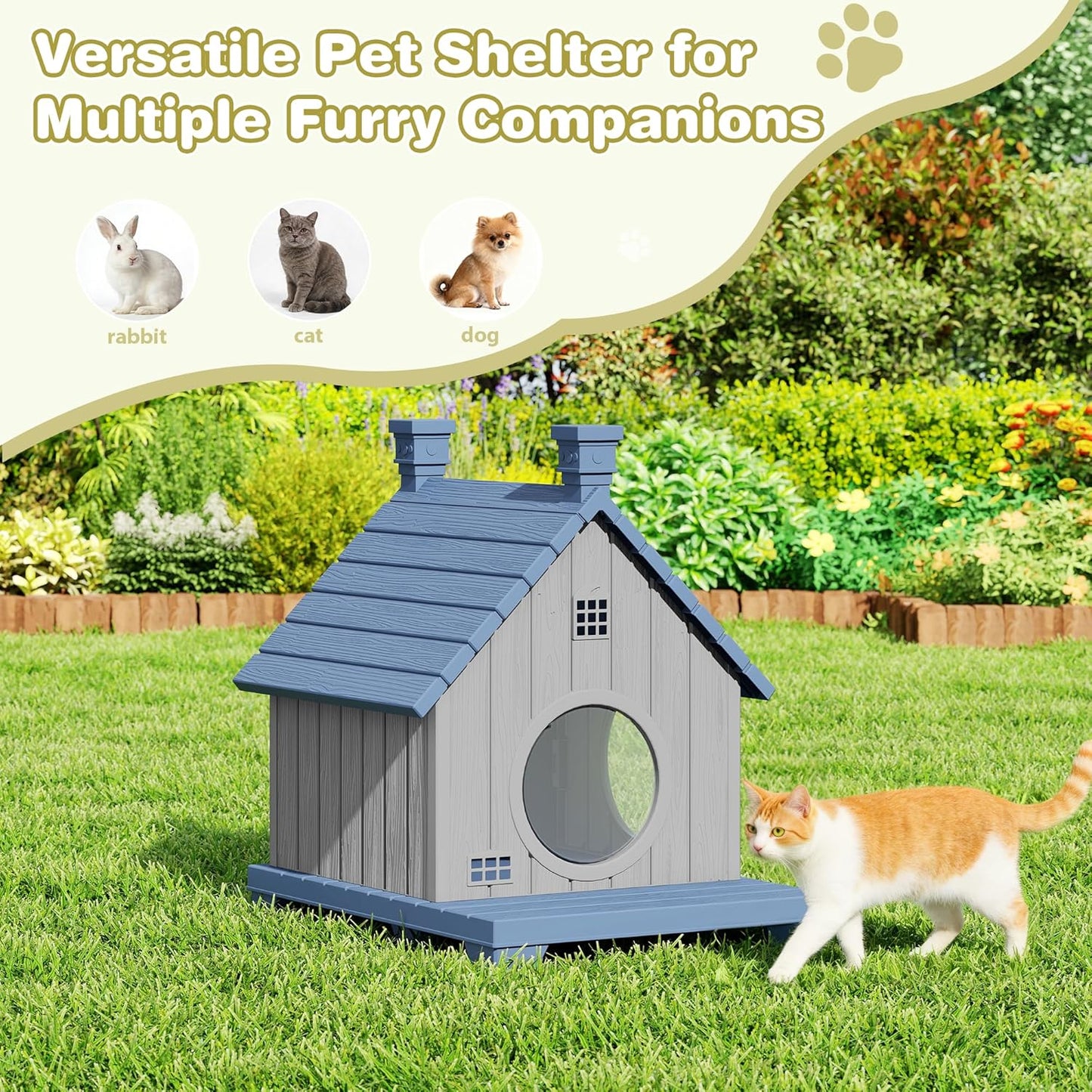 Outdoor Cat House Weatherproof, Durable Resin Cat Houses for Outdoor Indoor Cats, Litter Box Enclosure with Elevated Base, Anti-Slip Pad